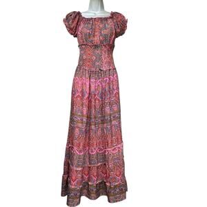 Boho Pink Paisley Smocked Waist Off The Shoulder Dress India 100% Art Silk